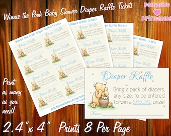Boletos para la rifa de pañales Winnie the Pooh Baby Shower - Descarga instantánea en PDF - Imprima en casa tarjetas de 2.4"x4"