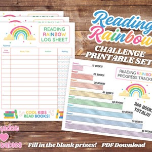 May include: A printable "Reading Rainbow" challenge set with a rainbow graphic. Includes a reading log sheet and a progress tracker. The text includes "Cool Kids Read Books!" and "Fill in the blank prizes! PDF Download."