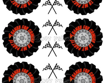 Monster Truck Tire and Checkered Flag Thank You Stickers, Favor Tags - Instant Download - PDF