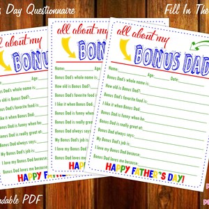 All About My Bonus Dad Father&#39;s Day Questionnaire - Instant Downloadable PDF - Fill In The Blank Printable for Kids - Dad Step Dad Uncle