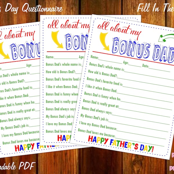 All About My Bonus Dad Father's Day Questionnaire - Instant Downloadable PDF - Fill In The Blank Printable for Kids - Dad Step Dad Uncle