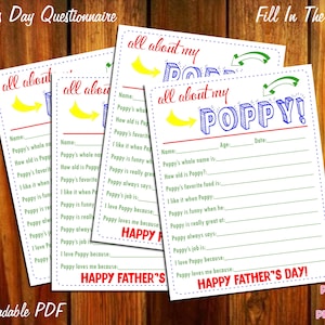 Alles über mein Mohn Vatertagsfragebogen - sofortiger Download PDF - Fill In The Blank Printable für Kinder Papa Papa Vater Pop Opa