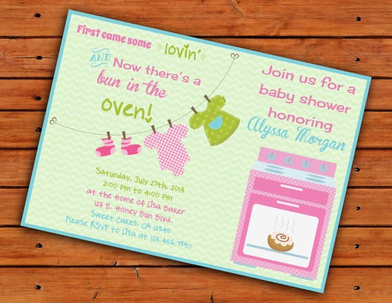 Bun in the Oven - Pink, Green and Blue - Baby Girl Shower Invitation - 5x7 - Printable Digital File Il_570xn