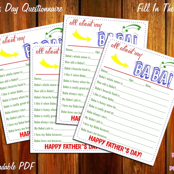 All About My Baba Father's Day Questionnaire - Instant Downloadable PDF - Fill In The Blank Printable for Kids Dad Daddy Father Pop Grandpa