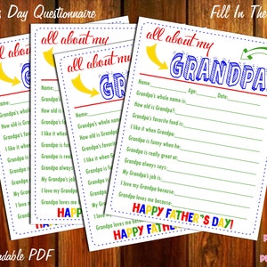 All About My Grandpa Father&#39;s Day Questionnaire - Instant Downloadable PDF - Fill In The Blank Printable for Kids - Pop Papa Poppy Grandad