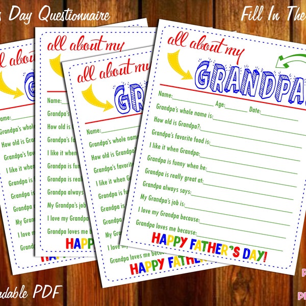 All About My Grandpa Father's Day Questionnaire - Instant Downloadable PDF - Fill In The Blank Printable for Kids - Pop Papa Poppy Grandad