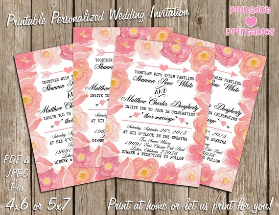 Watercolor Roses Personalized Wedding Invitation - 4x6 or 5x7 - Printable Digital File - Print at home or let us print for you! Il_570xn