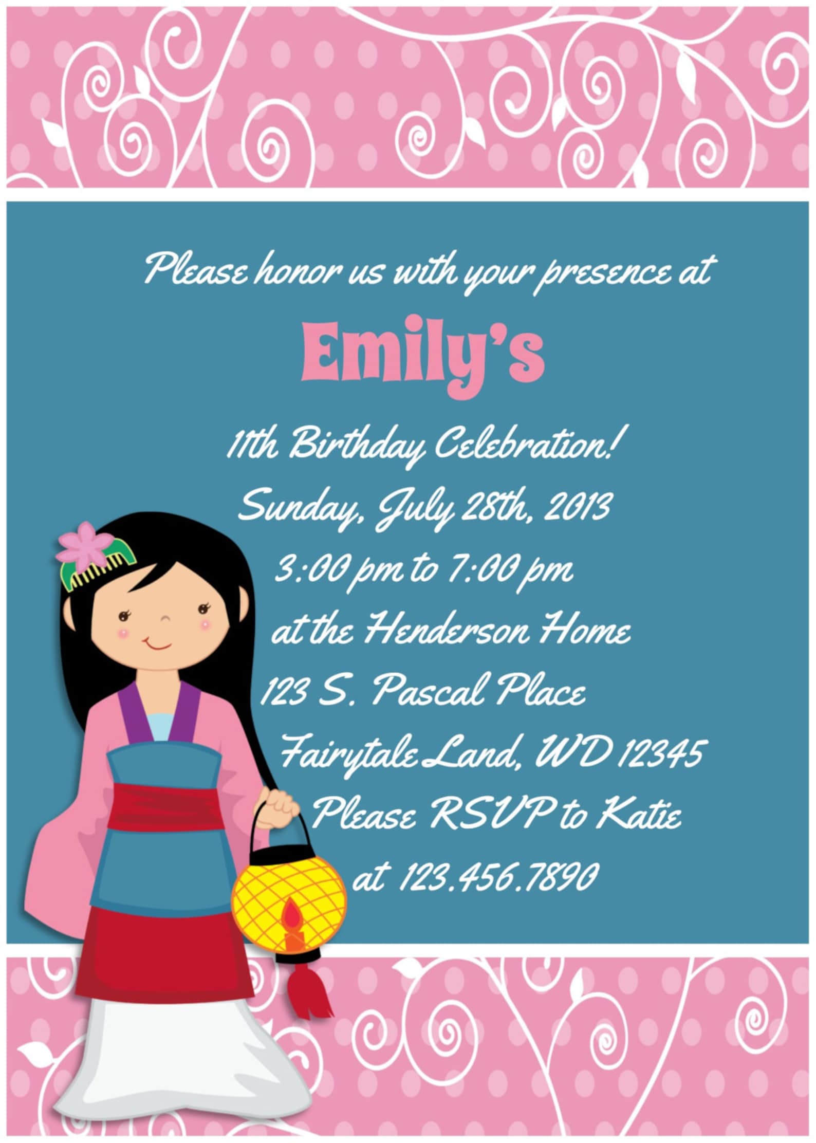 Mulan Birthday Party Invitation 5X7 Printable Digital File - Etsy