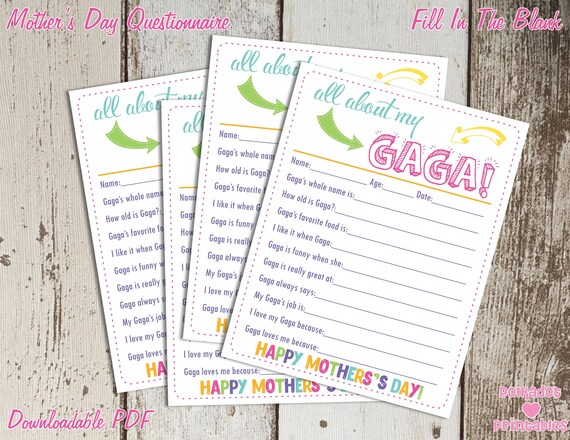 All About My Gaga Mother's Day Questionnaire - Instant Downloadable PDF - Fill In The Blank Printable for Kids Il_570xn