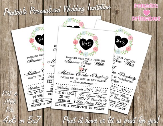 Floral Wreath Personalized Wedding Invitation - 4x6 or 5x7 - Printable Digital File - Print at home or let us print for you! Il_570xn