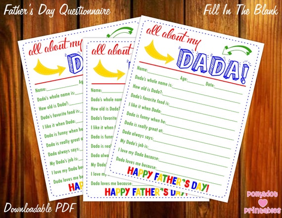 All About My Dada Father's Day Questionnaire - Instant Downloadable PDF - Fill In The Blank Printable for Kids Dad Daddy Father Grandpa Il_570xn