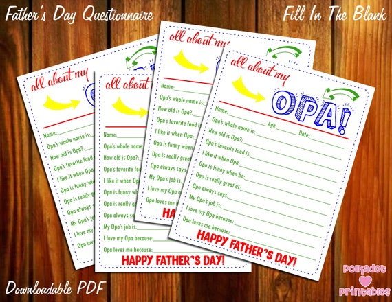 Download All About My Opa Father S Day Questionnaire Instant Downloadable Pdf Fill In The Blank Printable For Kids Dad Daddy Father Pop Grandpa By Polkadot Printables Catch My Party