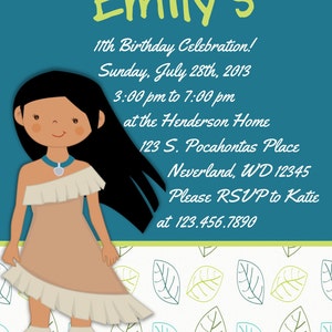 Pocahontas Birthday Party Invitation - 5X7 - Printable Digital File - Etsy