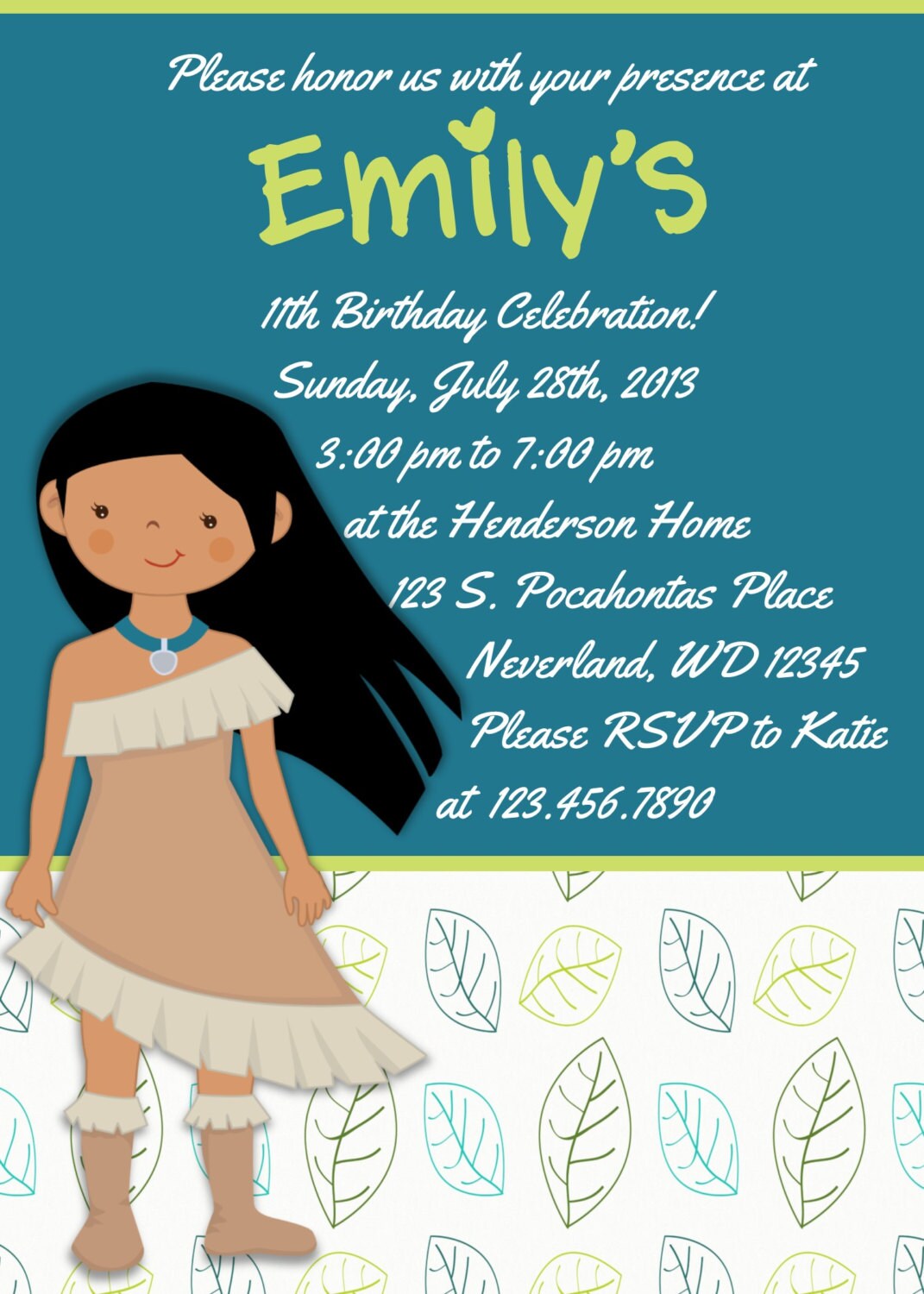 Pocahontas Birthday Party Invitation 5X7 Printable Digital - Etsy