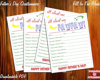 All About My Pawpaw Father's Day Questionnaire - Instant Downloadable PDF - Fill In The Blank Printable for Kids Grandpa Pawpaw Papa