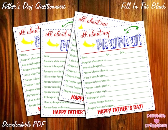 All About My Pawpaw Father's Day Questionnaire - Instant Downloadable PDF - Fill In The Blank Printable for Kids Grandpa Pawpaw Papa Il_570xn