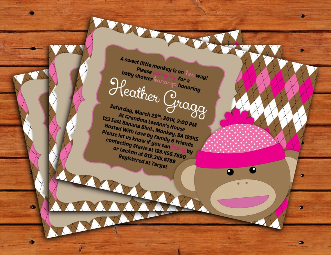 Pink Sock Monkey Baby Shower Invitation 4x6 or 5x7 Etsy