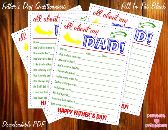 All About My Dad Father's Day Questionnaire - Instant Downloadable PDF - Fill In The Blank Printable for Kids Dad Daddy Father Pop Grandpa Il_570xn