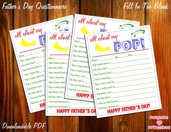 All About My Pop Father's Day Questionnaire - Instant Downloadable PDF - Fill In The Blank Printable for Kids Dad Daddy Father Pop Grandpa Il_570xn