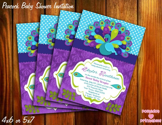 Peacock Baby Shower Invitation - 4x6 or 5x7 - Printable Digital File Il_570xn
