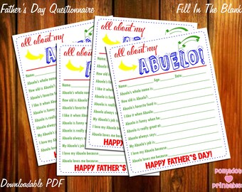 All About My Abuelo Father's Day Questionnaire - Instant Downloadable PDF - Fill In The Blank Printable for Kids Grandpa Abuelo
