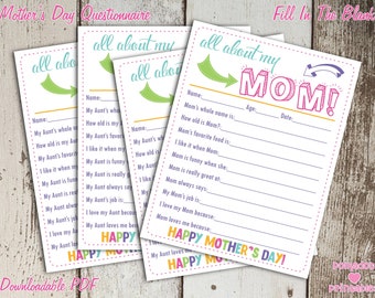 All About My Mom Mother's Day Keepsake Questionnaire - Instant Downloadable PDF - Fill In The Blank Printable for Kids