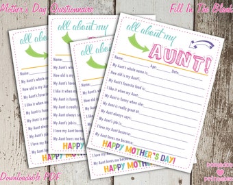 All About My Aunt Mother's Day Questionnaire - Instant Downloadable PDF - Fill In The Blank Printable for Kids