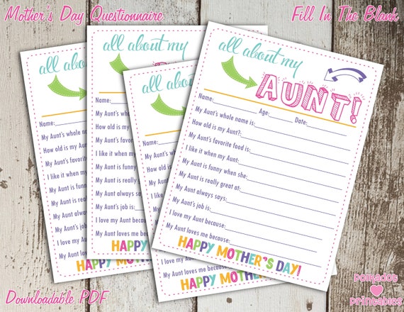 All About My Aunt Mother S Day Questionnaire Instant Downloadable Pdf Fill In The Blank Printable For Kids By Polkadot Printables Catch My Party