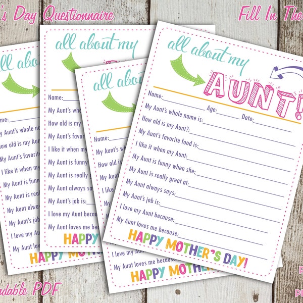All About My Aunt Mother's Day Questionnaire - Instant Downloadable PDF - Fill In The Blank Printable for Kids