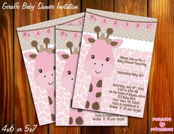 Giraffe Pink and Brown Baby Shower Invitation - 4x6 or 5x7 - Printable Digital File Il_570xn