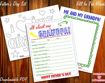 All About My Grandpa Father's Day Kids Questionnaire Coloring Sheets Instant Downloadable PDF Fill In The Blank Printable for Kids Grandpa