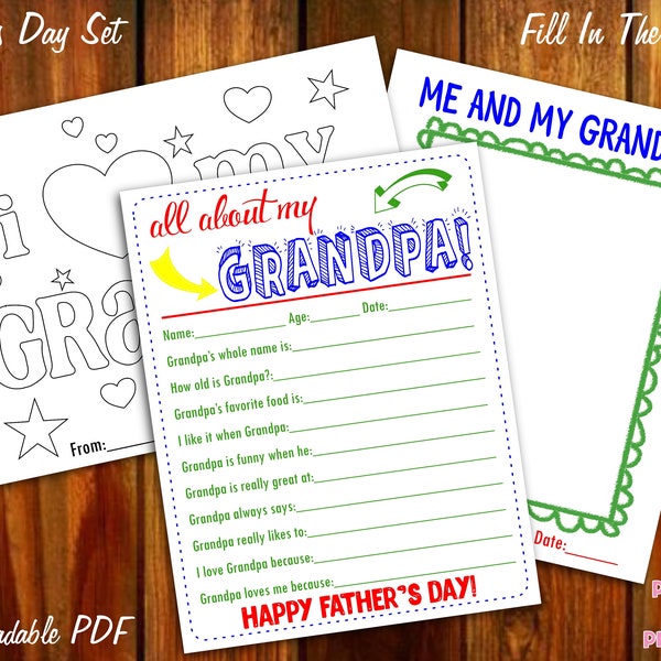 All About My Grandpa Father's Day Kids Questionnaire Coloring Sheets Instant Downloadable PDF Fill In The Blank Printable for Kids Grandpa