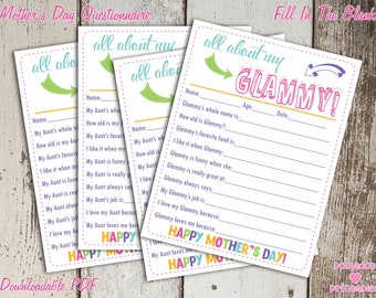 All About My Glammy Mother's Day Questionnaire - Instant Downloadable PDF - Fill In The Blank Printable for Kids