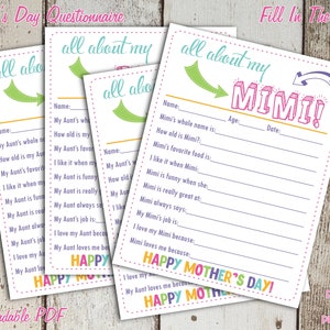 All About My Mimi Mother&#39;s Day Keepsake Questionnaire - Instant Downloadable PDF - Fill In The Blank Printable for Kids