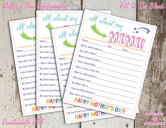 All About My Mimi Mother's Day Questionnaire - Instant Downloadable PDF - Fill In The Blank Printable for Kids Il_570xn