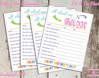 All About My Gam Mother's Day Questionnaire - Instant Downloadable PDF - Fill In The Blank Printable for Kids