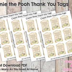 Classic Winnie the Pooh Thank You Tags - Instant Download - DIY Printable Tags - Prints 9 Per 8.5x11&quot; Card Stock