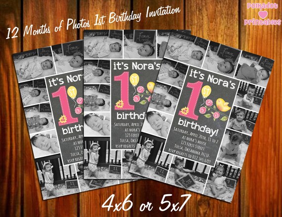 12 Months of Photos 1st Birthday Party Invitation Chalkboard Photo Collage - 4x6 or 5x7 Printable Digital File Il_570xn