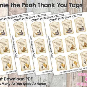 May include: Sheets of Winnie the Pooh thank you tags. Each tag features a classic illustration of Winnie the Pooh and a quote. The tags are beige with a decorative border and text that reads "My favorite part of the day was the time I spent with you."