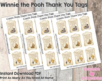 May include: Sheets of Winnie the Pooh thank you tags. Each tag features a classic illustration of Winnie the Pooh and a quote. The tags are beige with a decorative border and text that reads "My favorite part of the day was the time I spent with you."