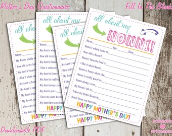 All About My Nonni Mother's Day Keepsake Questionnaire - Instant Downloadable PDF - Fill In The Blank Printable for Kids