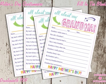 All About My Grandma Mother's Day Questionnaire - Instant Downloadable PDF - Fill In The Blank Printable for Kids