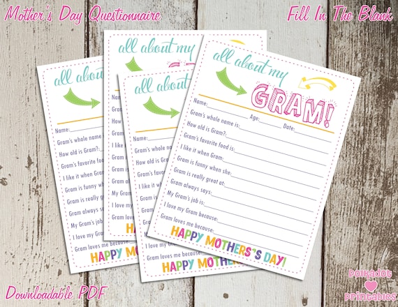 All About My Gram Mother's Day Questionnaire - Instant Downloadable PDF - Fill In The Blank Printable for Kids Il_570xn