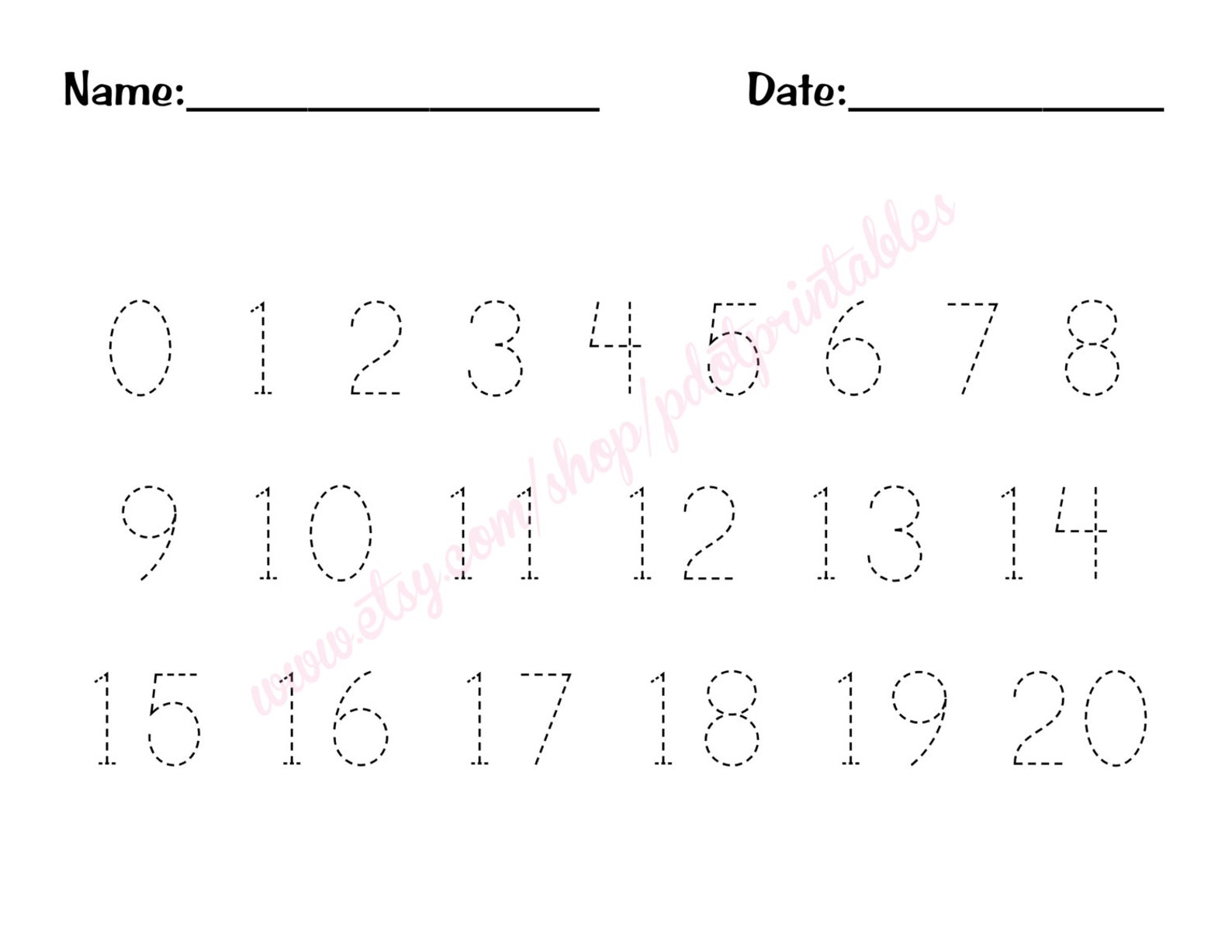 0 20 Number Trace Worksheet PDF Printable Preschool | Etsy