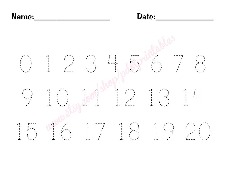 0 20 number trace worksheet pdf printable preschool etsy