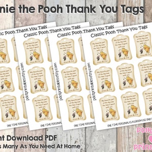 Classic Winnie the Pooh Thank You Tags - Instant Download - DIY Printable Tags - Prints 9 Per 8.5x11&quot; Card Stock