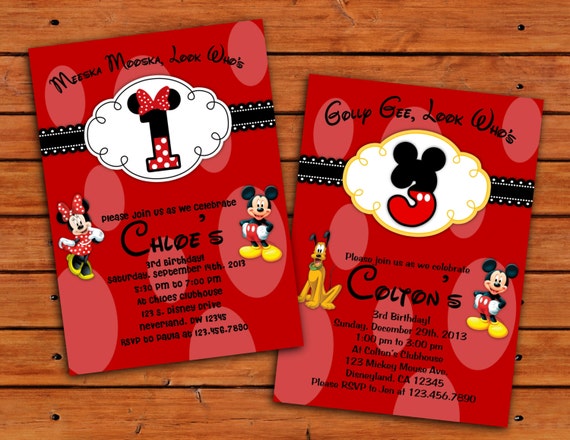 Minnie and Mickey Mouse Birthday Party Invitation - 4x6 or 5X7 - Printable Digital File Il_570xn