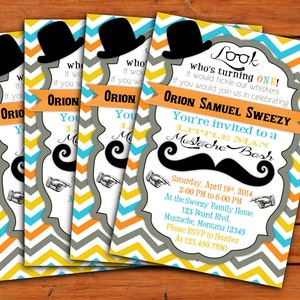 May include: A blue, yellow and grey chevron patterned invitation for a first birthday party. The invitation features a black and white moustache, a black top hat, and the text "Look who's turning ONE!" and "You're invited to a Little Man Moustache Bash".
