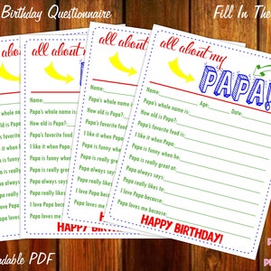All About My Papa Happy Birthday Keepsake-vragenlijst - direct downloadbare pdf - invulbare afdrukbare afdrukbare voor kinderen
