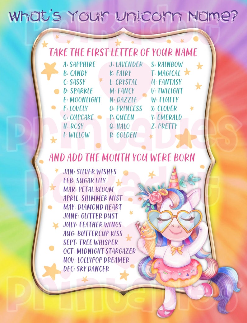 Unicorn Party Game Printable What's Your Unicorn Name - Etsy